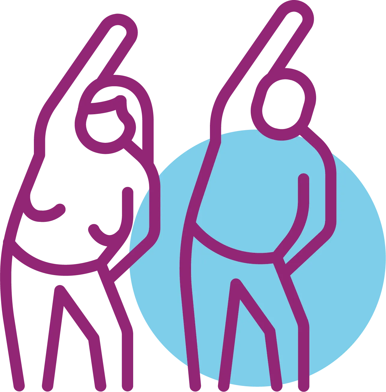 Zwei stilisierte Personen machen gemeinsam Gymnastikübungen vor blauem Hintergrund.