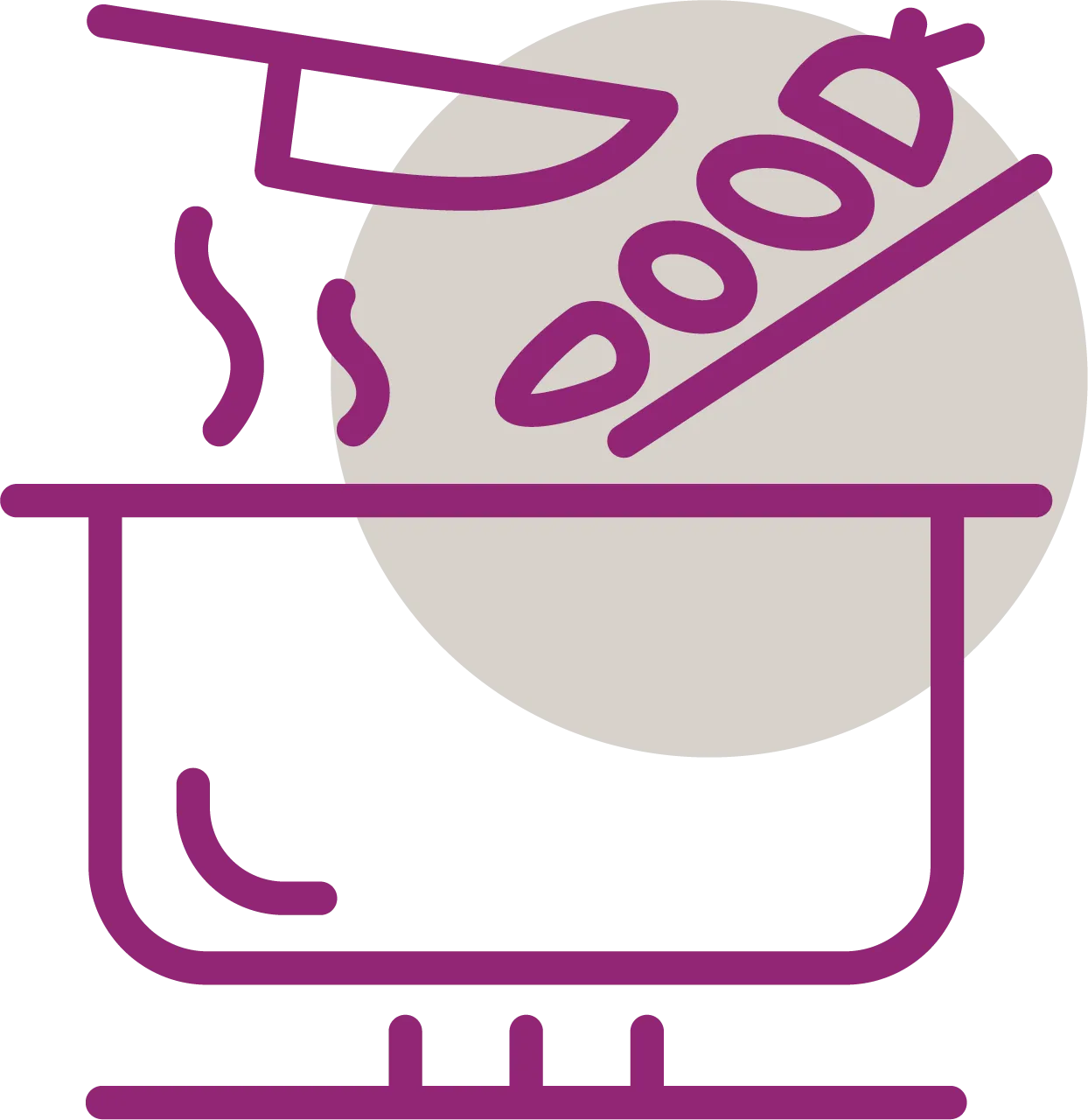 Grafische Darstellung von kochendem Topf und Gemüse auf Schneidebrett in moderner Linie.