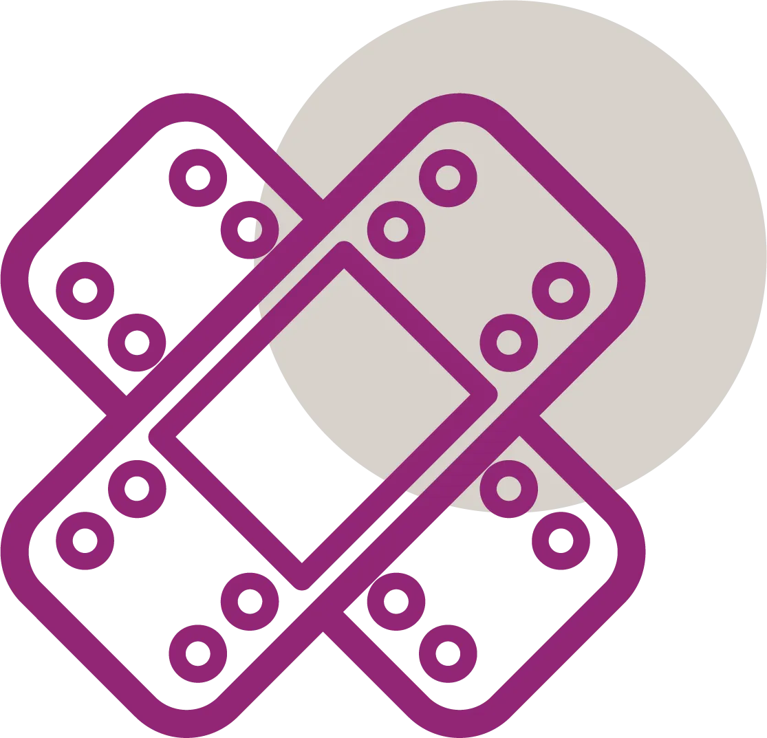 Zwei überkreuzte, lilafarbene Pflaster-Icons vor einem beigen Kreis, Symbol Gesundheit.
